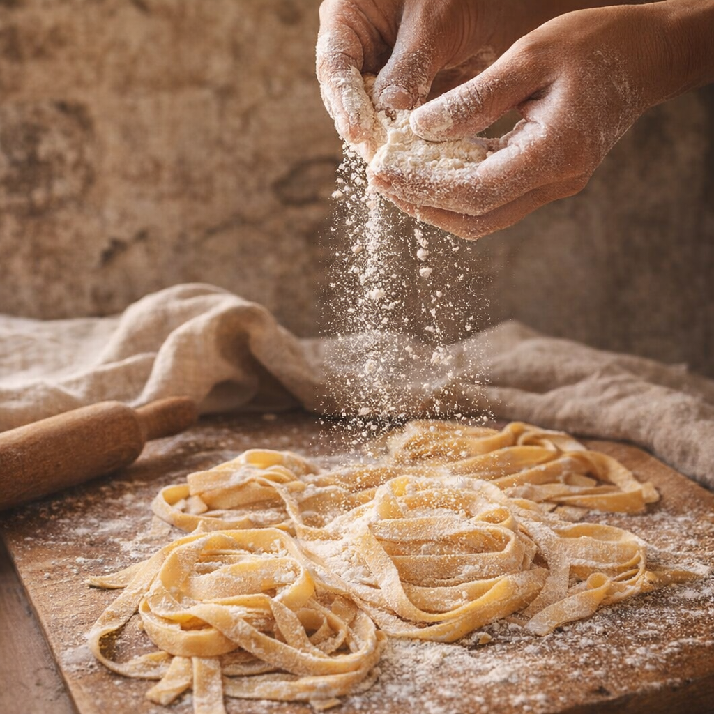 Hands dusting flour over fresh fettuccine ribbons